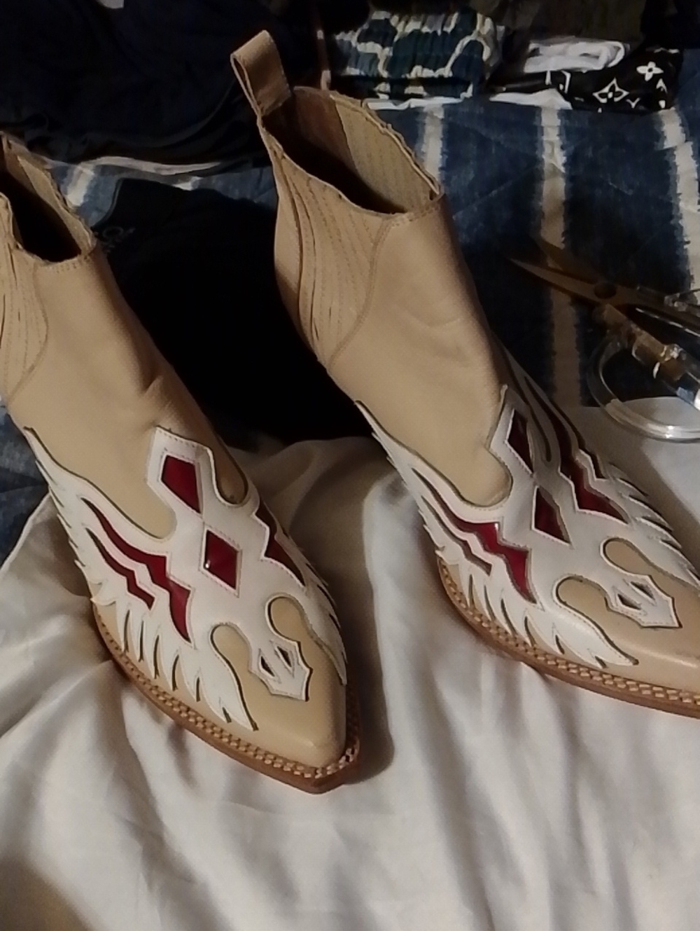 Jeffrey Campbell Tan Western Ankle Boots with White & Red Flame Insets